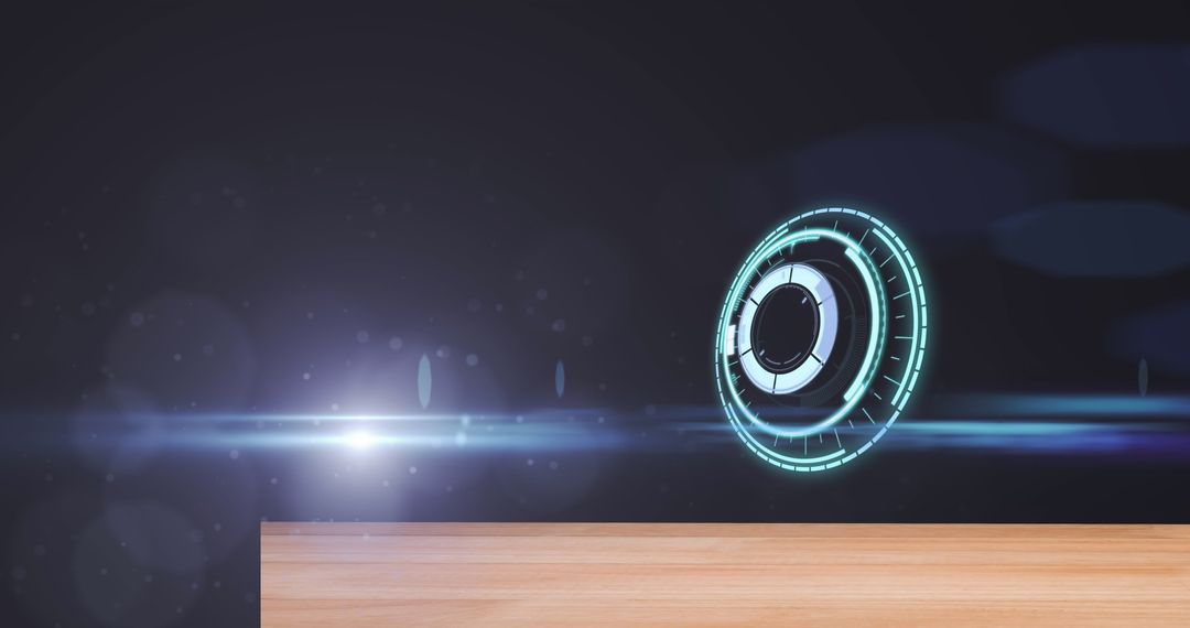 Holographic Interface Above Wooden Tabletop with Lens Flare