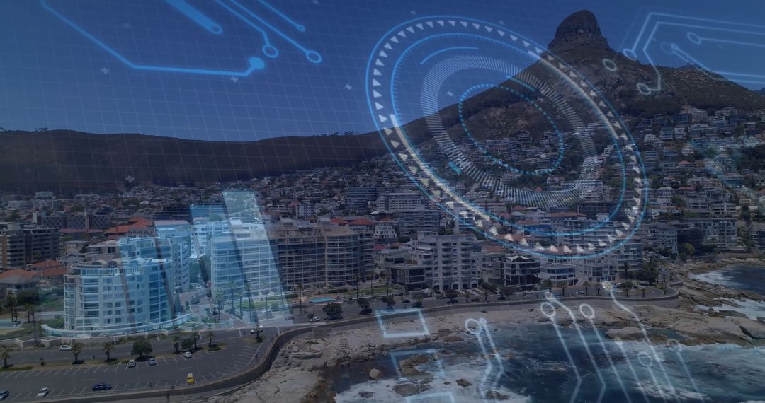 Urban Innovation: Mid-Rise Buildings and Futuristic Technology Interface