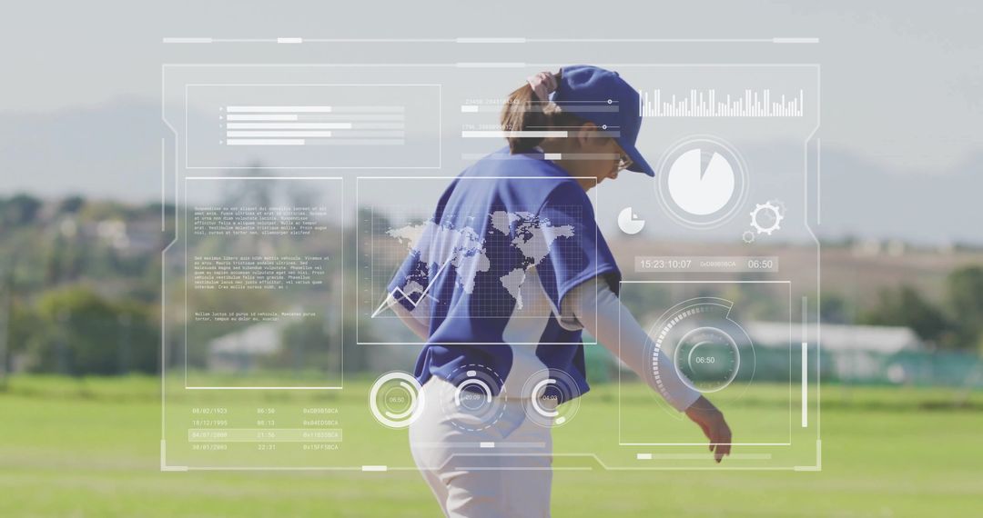 Baseball Player Walking in Field with Futuristic Data Overlay