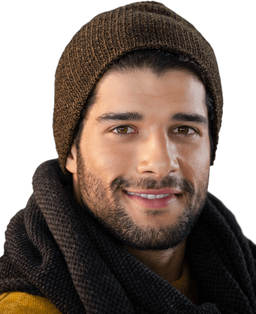Transparent Happy Smiling Man Wearing Knitted Hat and Scarf