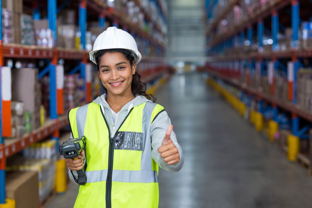 Female Warehouse Worker Using Scanner with Thumbs Up