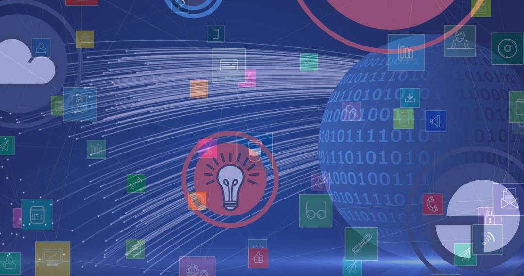 Digital Icons and Globe Over Light Trails