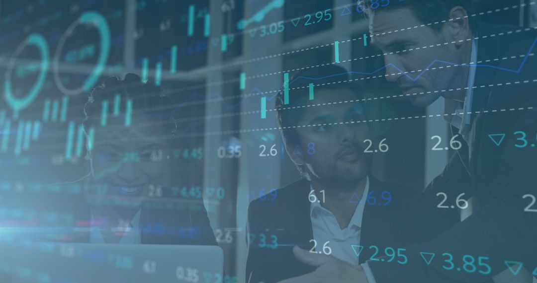 Team of Executives Discussing Data with Market Analytics Overlay