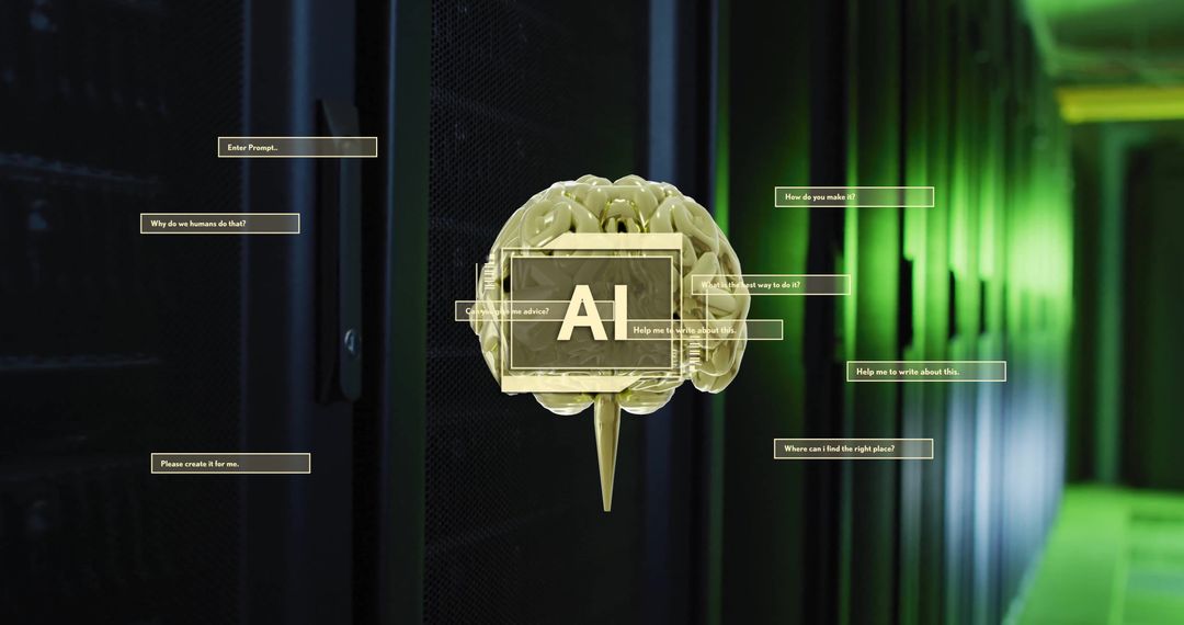 Futuristic Brain AI Overlay in Green Lit Server Room