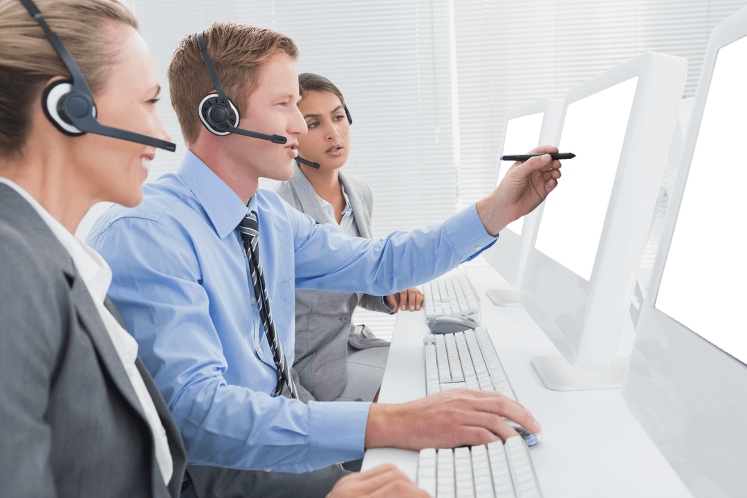 Business Colleagues Discussing Projects on Transparent Office Background