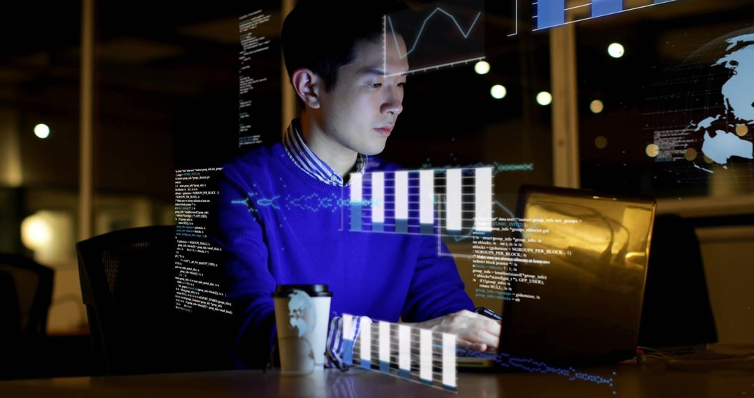 Businessman Analyzing Financial Data on Laptop with Technology Overlays