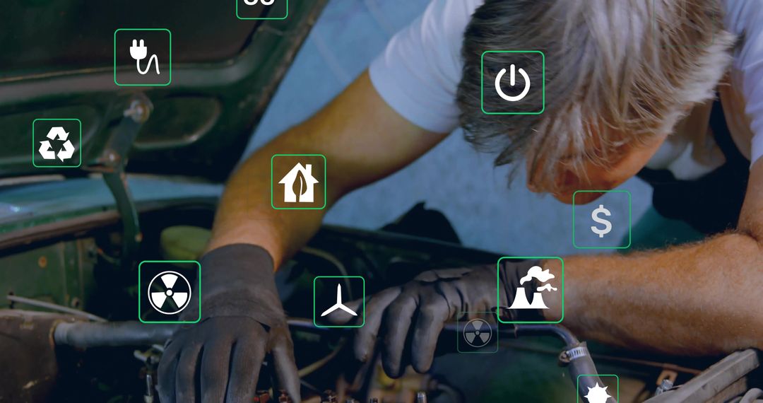 Mechanic Analyzing Car Engine with Advanced Sustainability Icons