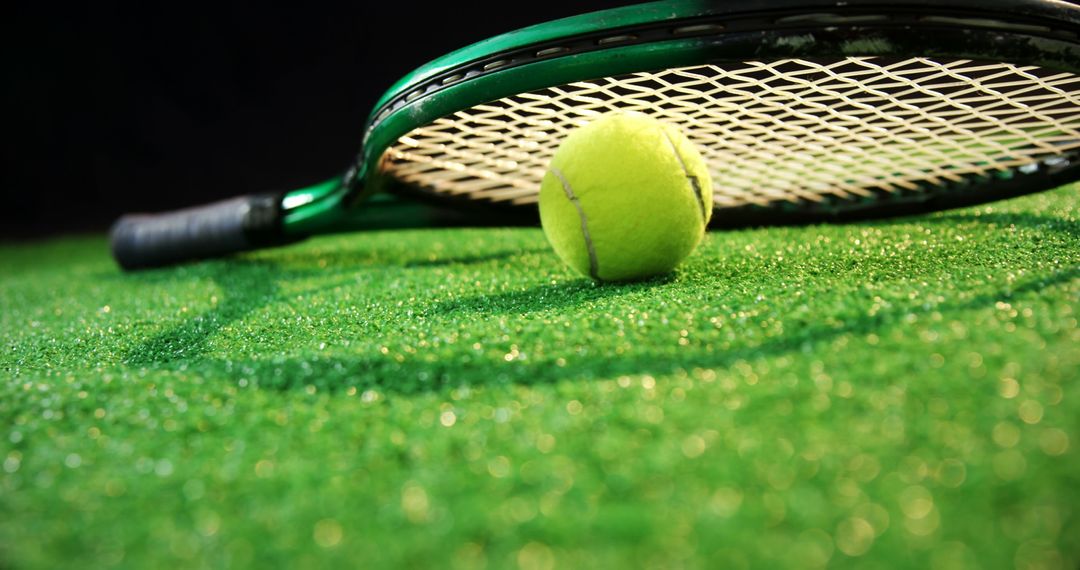 Tennis Ball Resting Against Racket on Green Court - Free Images, Stock Photos and Pictures on Pikwizard.com