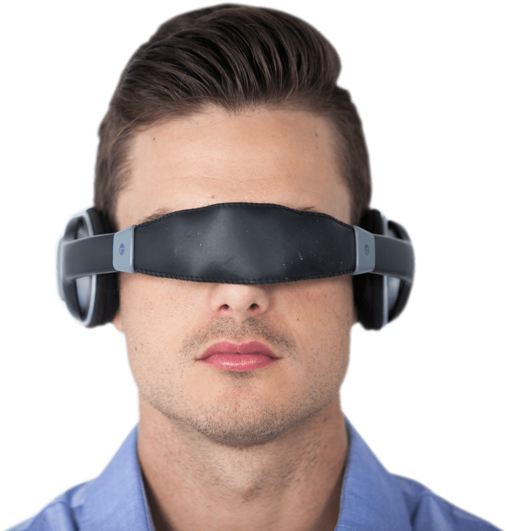 Man Wearing Futuristic Virtual Reality Glasses with Transparent Background