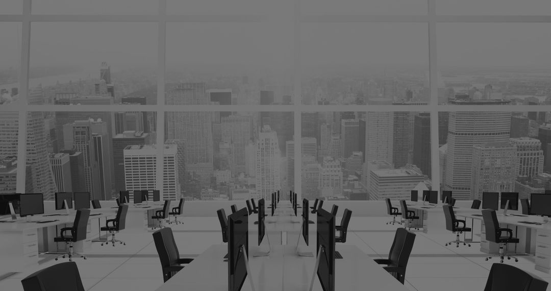 Empty Office with Panoramic Cityscape View, Modern Work Environment