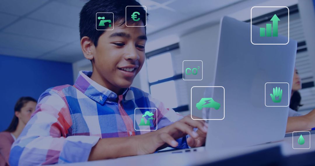 Teen typing on laptop with green sustainability icons, data charts and classroom learning