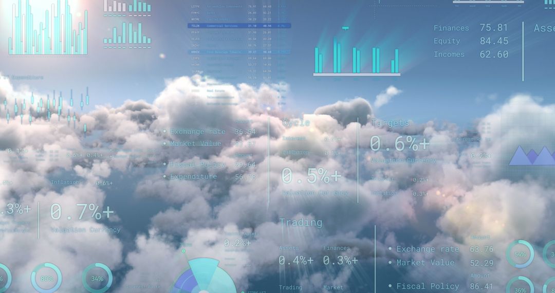 Financial Data Overlay on Cloudy Sky Reflecting Global Business
