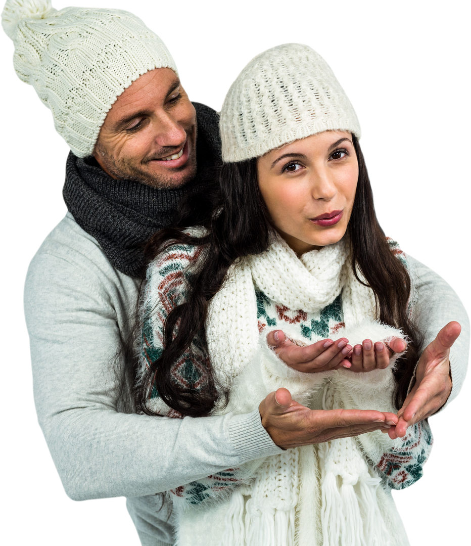 Attractive Couple Sending Transparent Kiss in Winter Attire - Download Free Stock Images Pikwizard.com