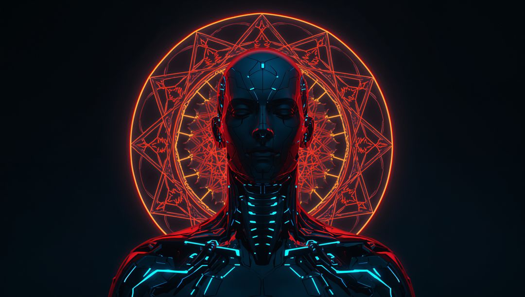 Futuristic Cyborg with Neon Circuitry and Halo