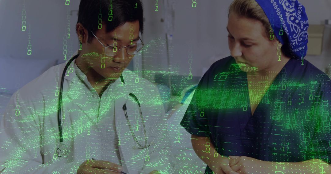 Healthcare Professionals Collaborating with Digital Data Integration