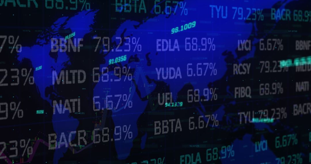 Global Stock Market Data Overlay on Digital World Map