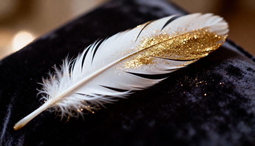 White Feather Glinting with Gold Glitter on Black Velvet Cushion