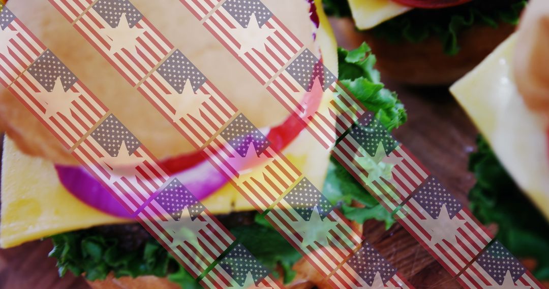American Burgers with Patriotic Flag Overlay on Independence Day