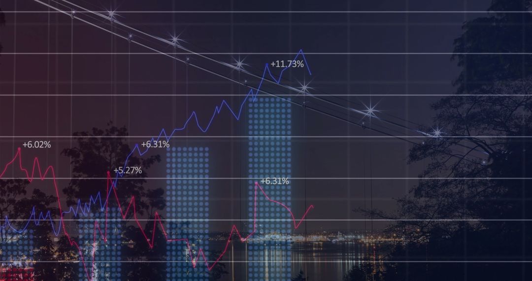 Financial Data and Cityscape at Night with Rising Graph