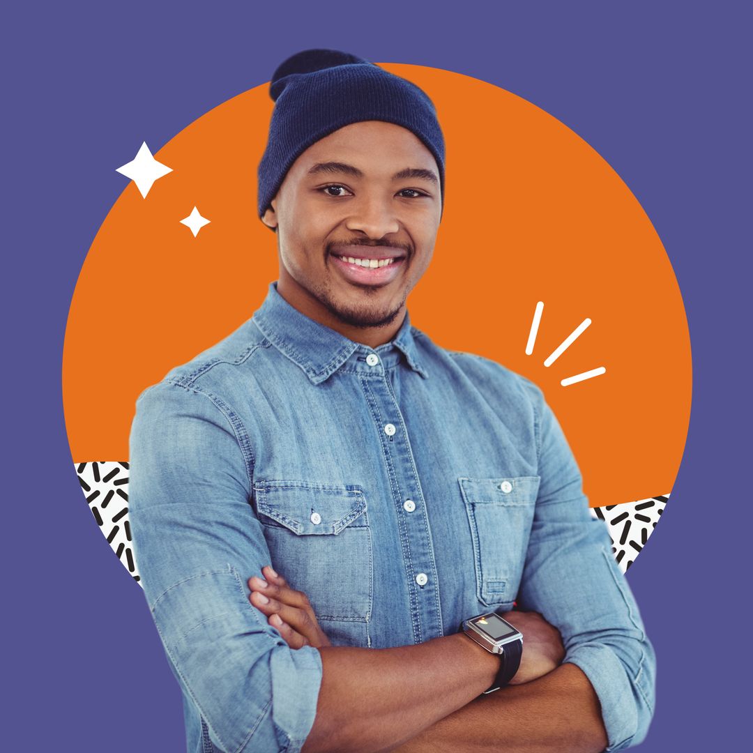 Cheerful Man Wearing Denim with Retro Design Elements