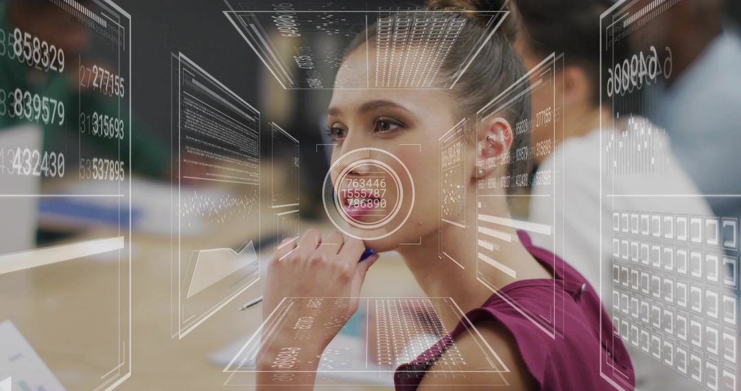Businesswoman Engaging with Futuristic Data Interface in Office
