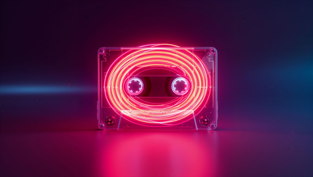 Retro Cassette with Glowing Neon Tape in Vaporwave Style