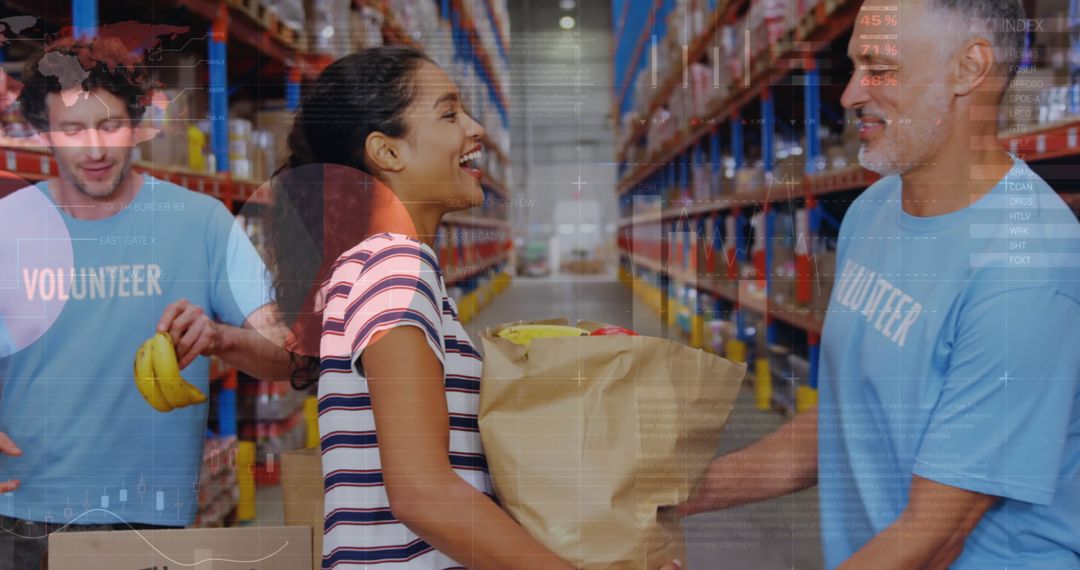 Volunteers Sorting Donations in Warehouse with Data Overlay