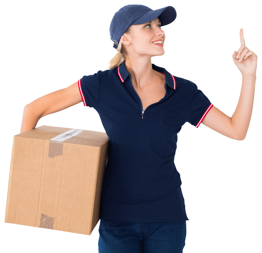 Happy Delivery Woman with Box and Pointing Gesture on Transparent Background