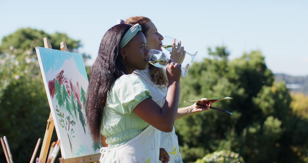 Women Painting and Wine Tasting Outdoor-Day in Nature