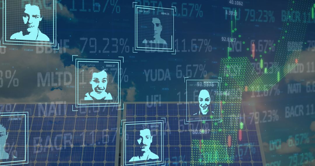 Facial Recognition with Technology Icons and Data Display