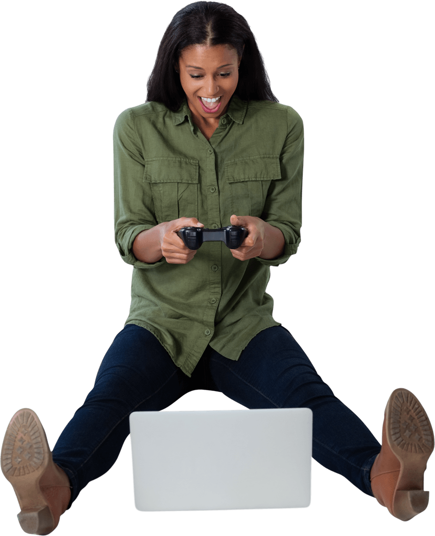 Woman Enthusiastically Playing Video Games on Transparent Background