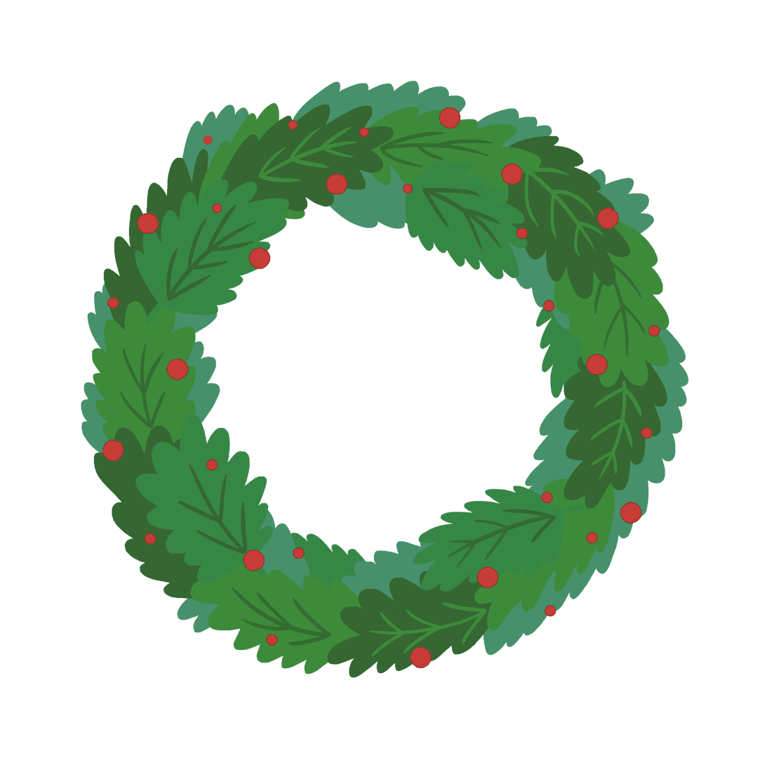 Festive Botanical Wreath with Greenery and Red Berries, Transparent Background