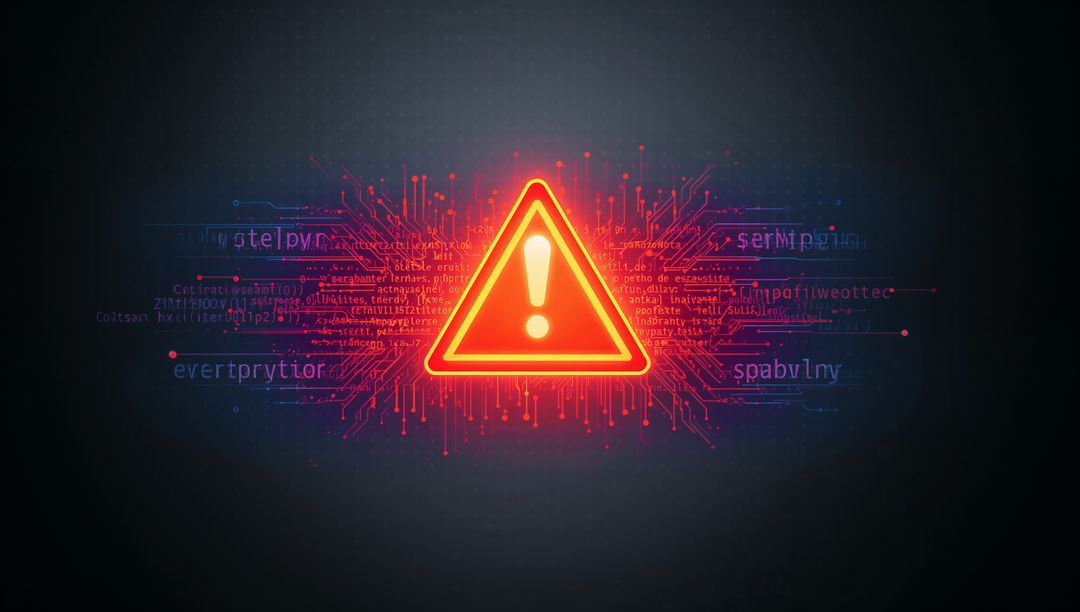 Neon Cyber Warning Triangle Radiating Circuitry and Code, Pulsing Security Alert Concept