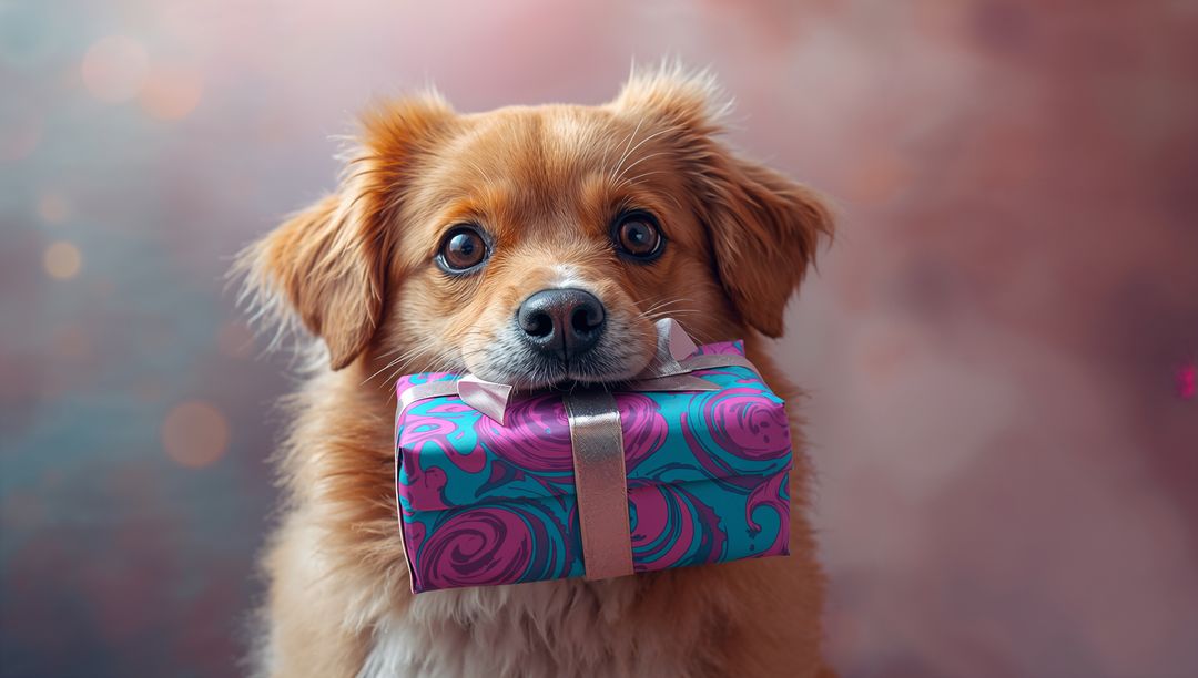 Fluffy Dog Presenting Gift with Colorful Swirl Design