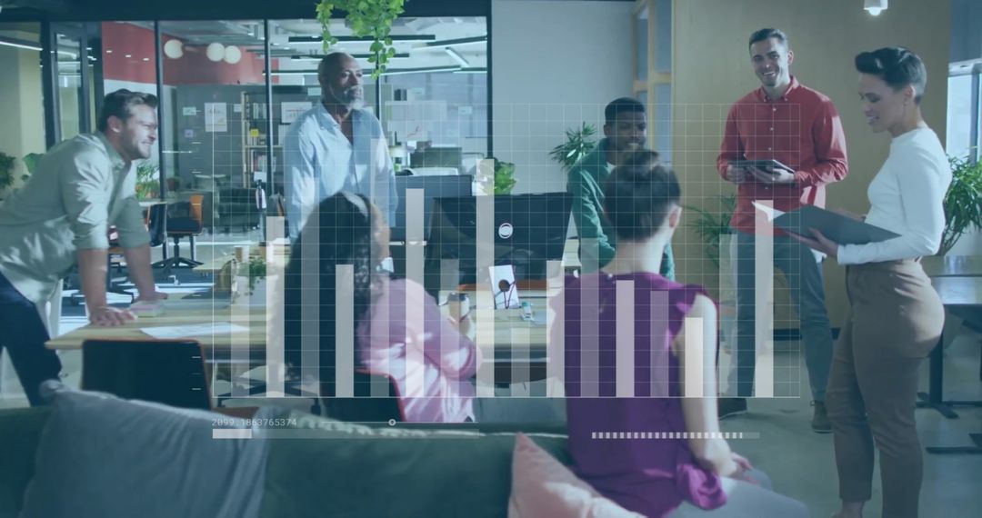 Business Team Analyzing Project with Financial Data Graphics Overlay