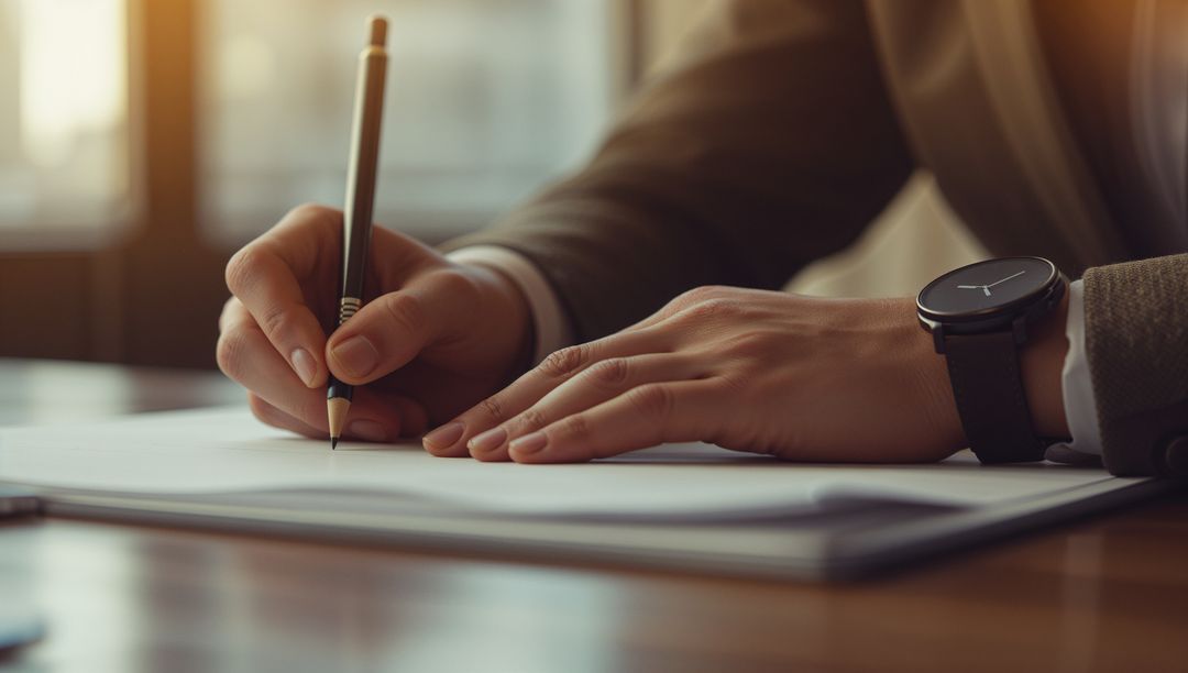 Close-Up Hands Writing on Wood Desk with Sunlight