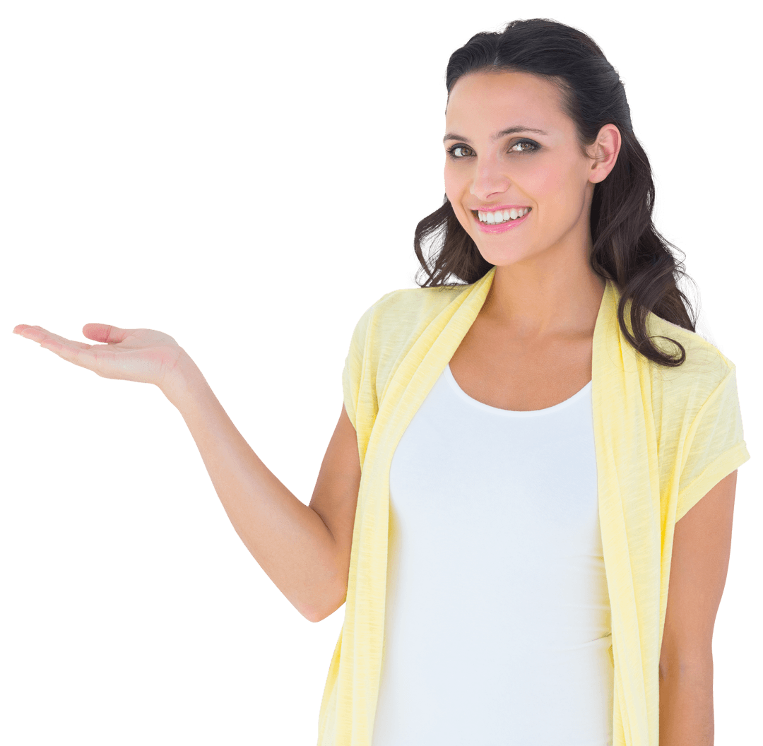 Smiling Brunette Woman Gesturing Transparent Welcome