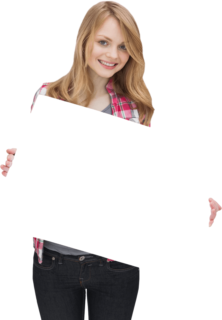 Smiling Woman Holding Blank Sign with Transparent Background for Easy Personalization