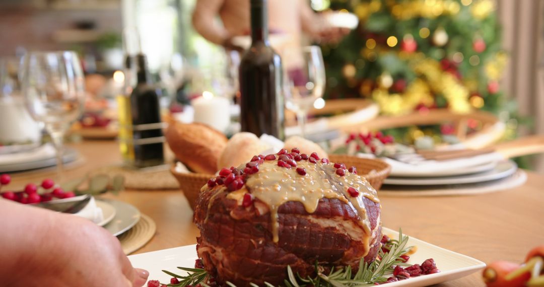 Festive Christmas Table with Roast and Wine - Free Images, Stock Photos and Pictures on Pikwizard.com