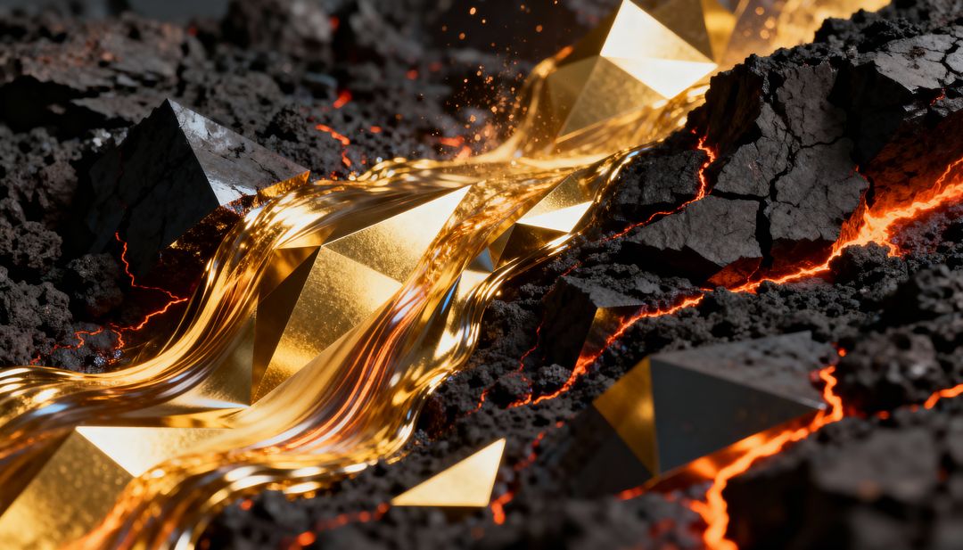 Flowing molten gold cutting through cracked volcanic rock with faceted pyramids