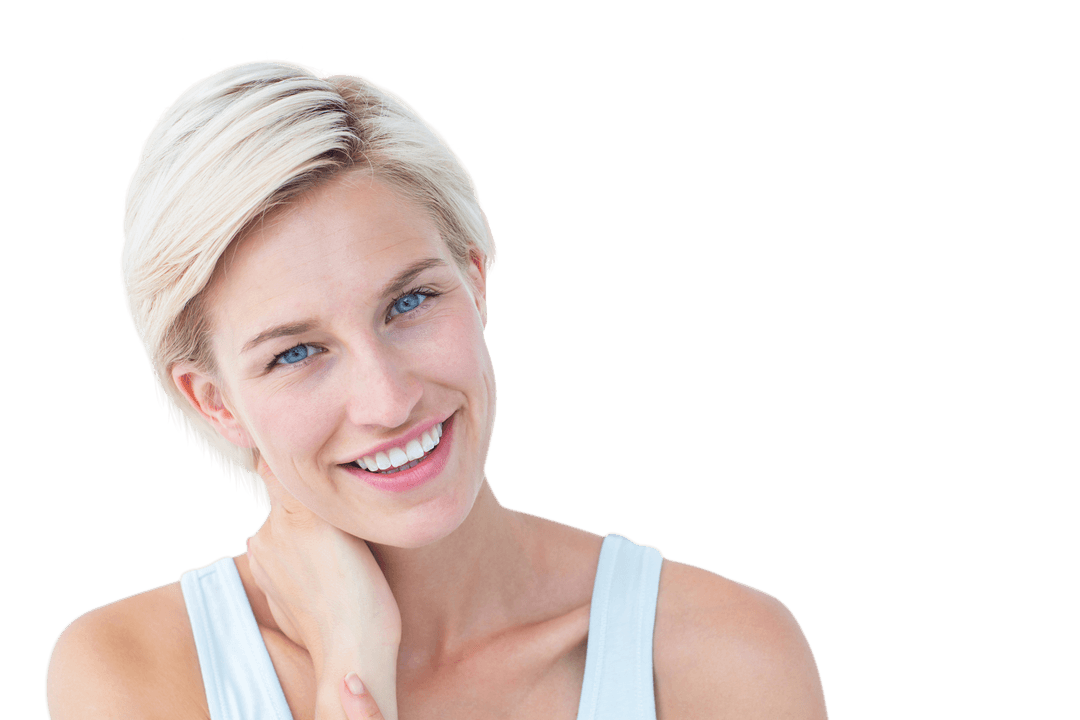 Transparent Blonde Woman Smiling Confidently at Camera