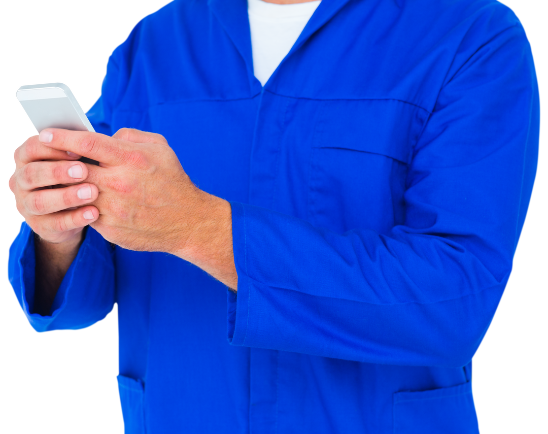 Midsection of Mechanic in Blue Uniform Text Messaging with Transparent Background - Download Free Stock Images Pikwizard.com