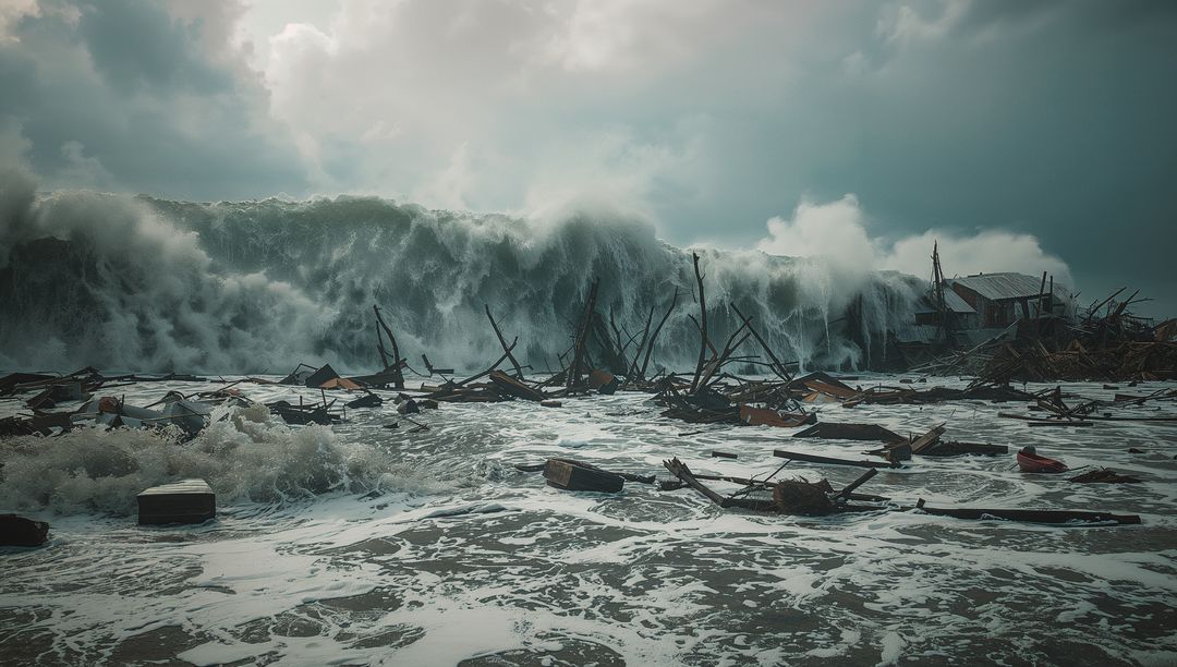 Waves Crashing Over Destroyed Structures on Coastline