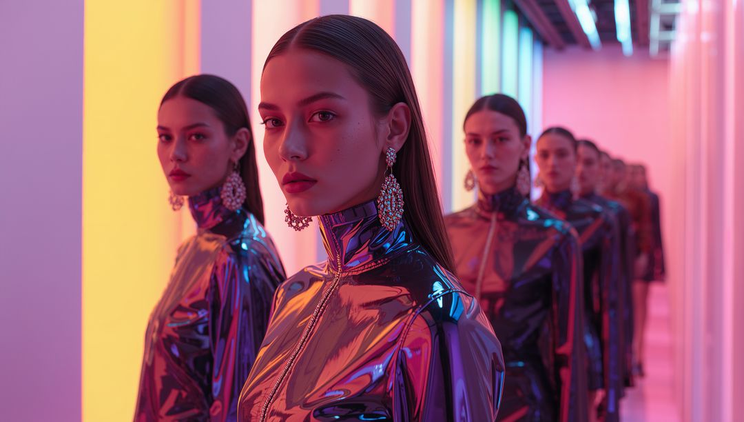 Futuristic Fashion Models in LED Corridor with Metallic Attire