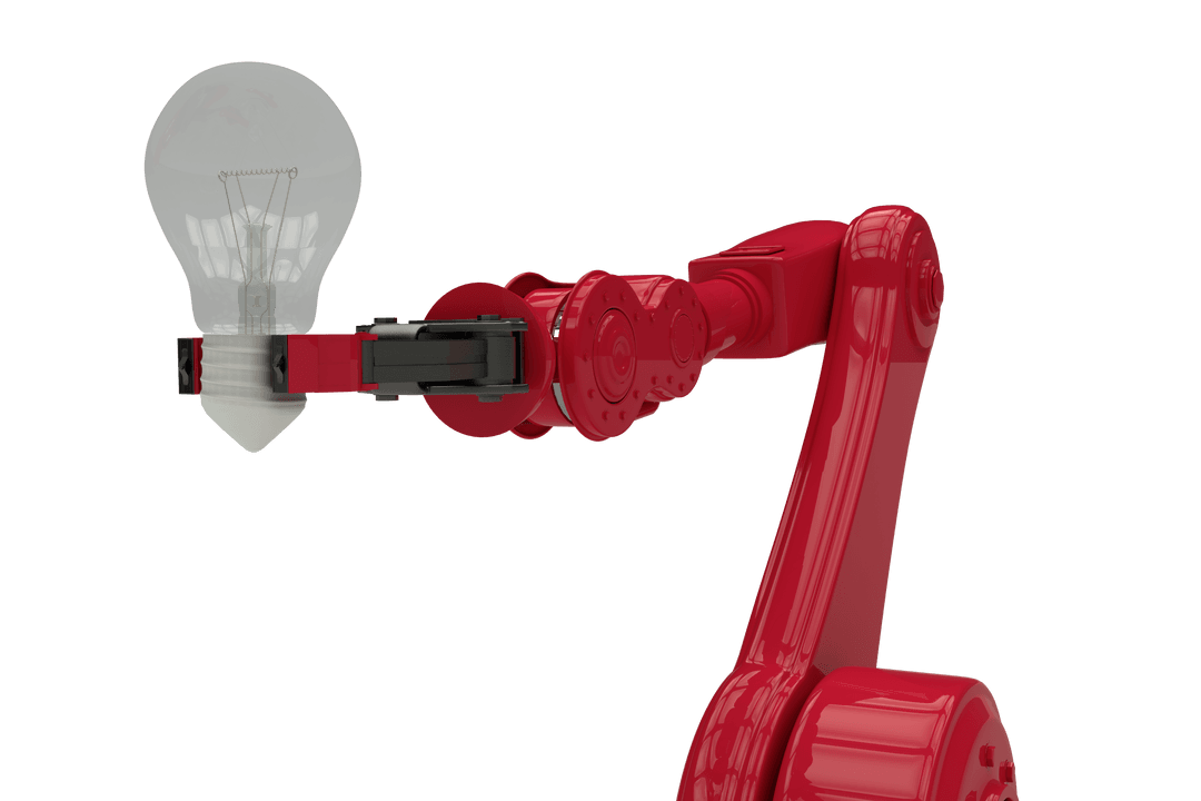 Robotic Arm Holding Light Bulb on Transparent Background