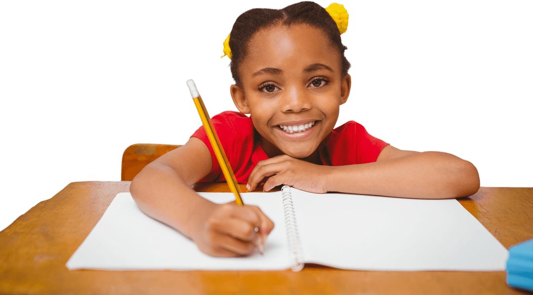 Smiling African American Girl Doing Homework with Transparent Background