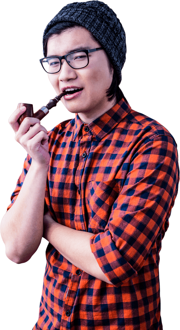 Hipster in Stylish Beanie Holding Pipe with Confident Look on Transparent Background