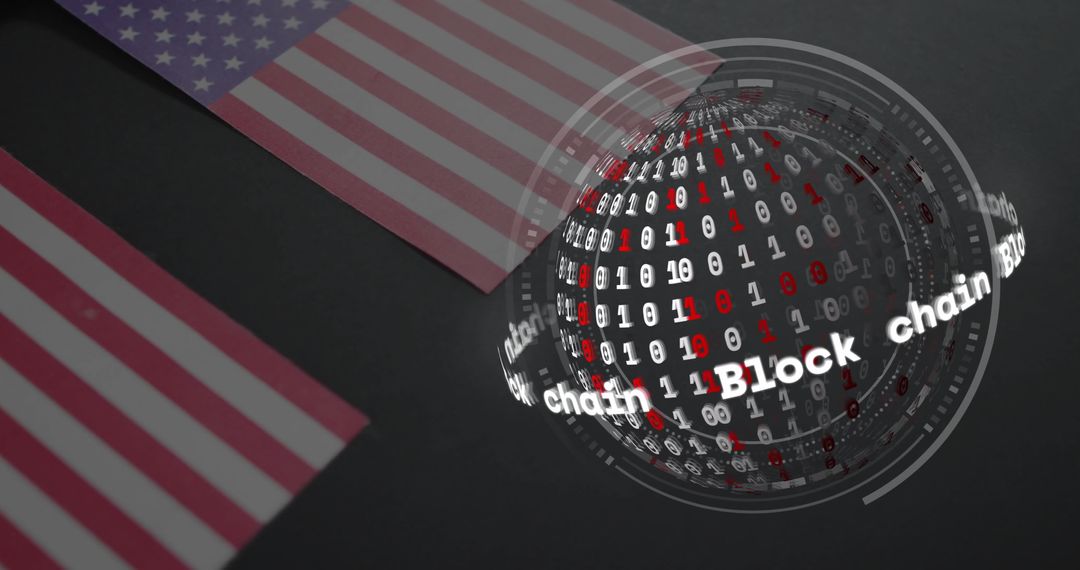 Digital Blockchain Sphere Over USA Flags Representing Global Finance