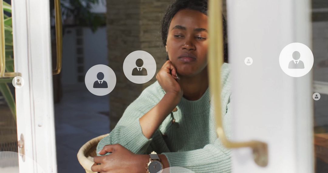 Thoughtful Woman with Abstract Digital Profile Icons