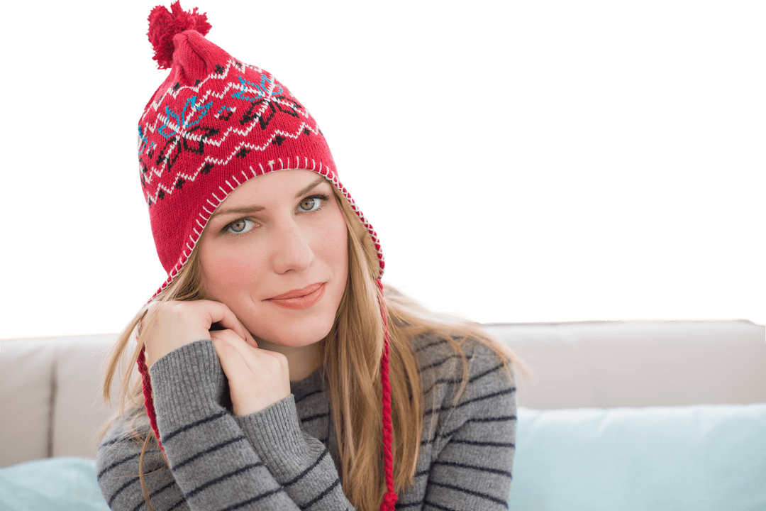 Smiling Woman in Festive Winter Hat Transparent Background